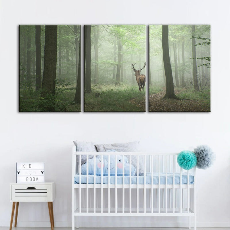 Misty Mystical Deer In The Woods-Canvas Wall Art Painting 3 Pieces | Bowlift