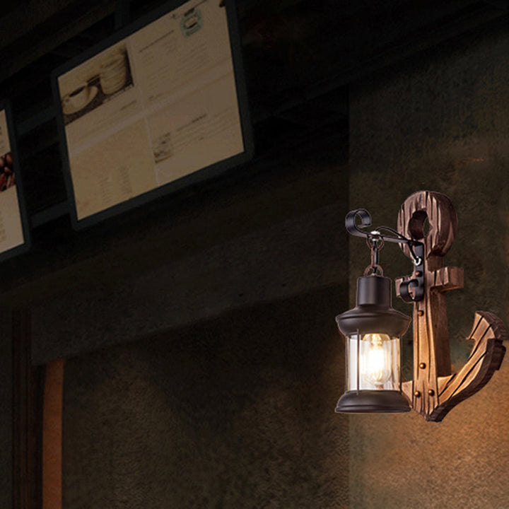 Rustic wood anchor wall lamp with lantern Bowlift