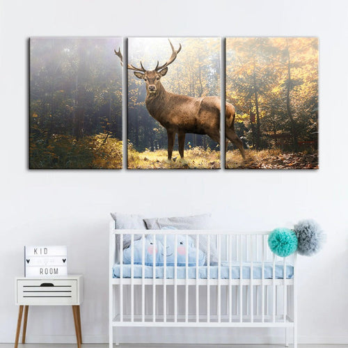 Majestic Deer in the Woods-Canvas Wall Art Painting 3 Pieces | Bowlift