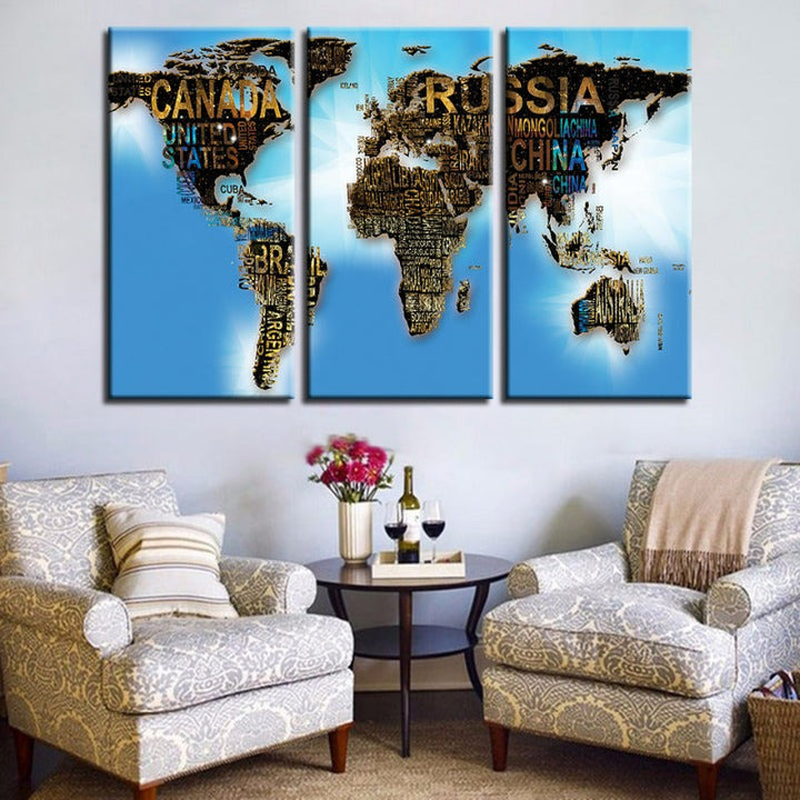 Country Name & Blue Sea World Map-Canvas Wall Art Painting 3 Pieces | Bowlift
