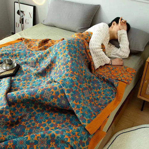 Blue patterned six-layer cotton blanket – TerraLoom comfort blanket