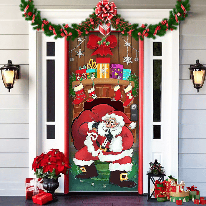 BowLift | Christmas Door Decoration with Santa Claus | Fabric Door Cover | Quick Assembly & Reusable