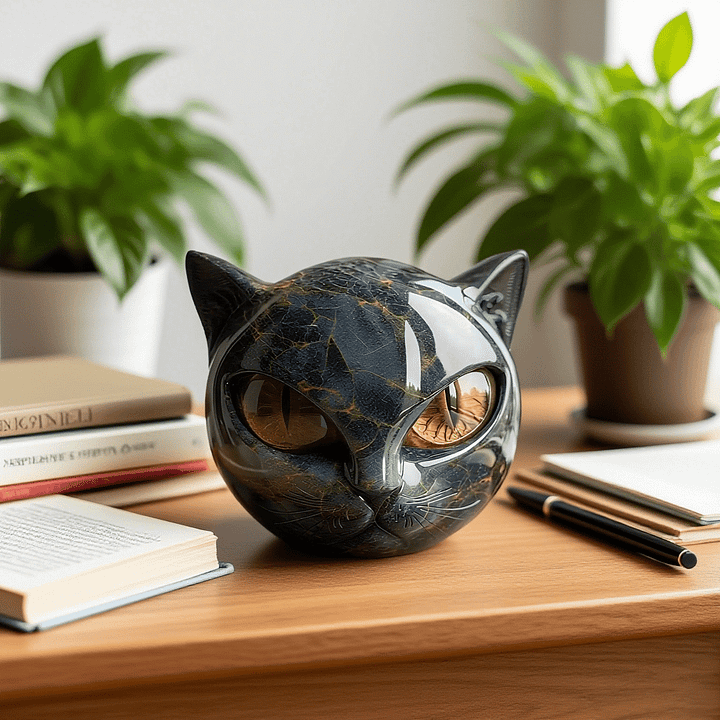 BowLift | NoirCat Sculpture – Black Cat Head with Hypnotic Eyes