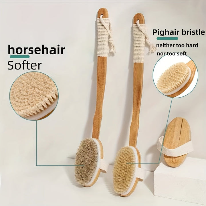 Back Wild Boar Bristle Cleaning Sponge for the Shower - Long Wooden Handle Bath Sponge Brush, soft natural bristles for back cleaning Bowlift