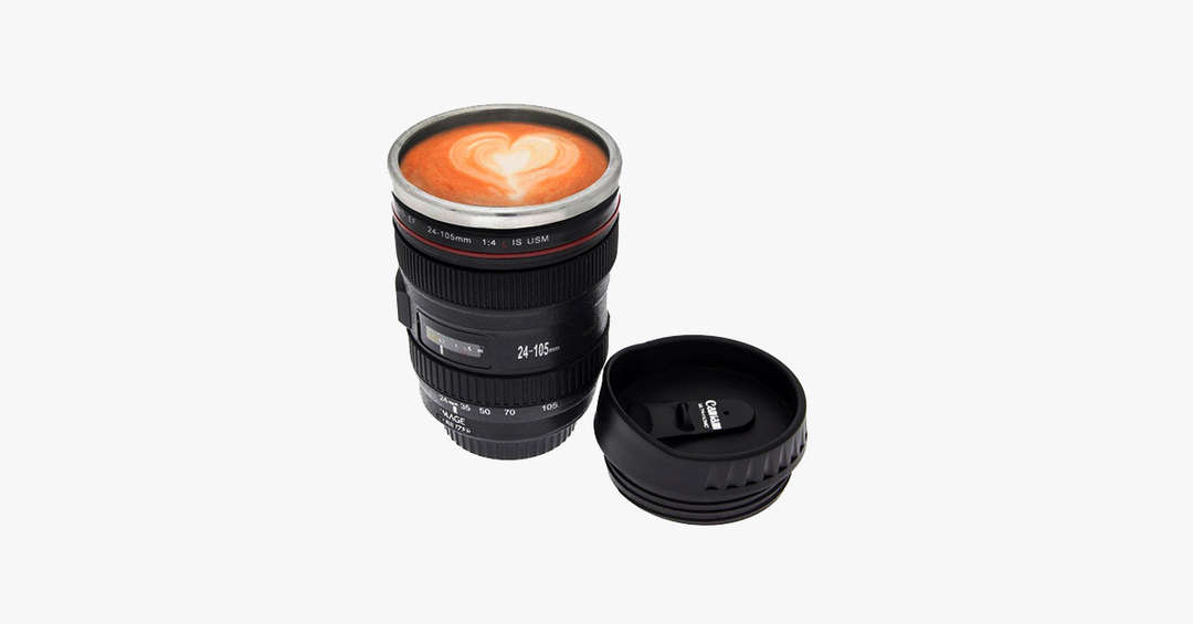 BowLift | SLR Camera Lens Stainless Steel Travel Coffee Mug with Spill-Proof Lid