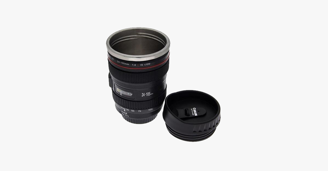 BowLift | SLR Camera Lens Stainless Steel Travel Coffee Mug with Spill-Proof Lid