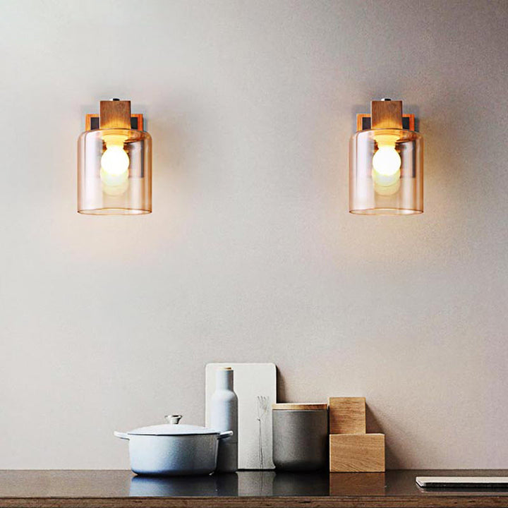 BowLift | Cognac Glass Cylinder Wall Lamp Nordic Style 1 Light Mini Wall Sconce Made of Wood
