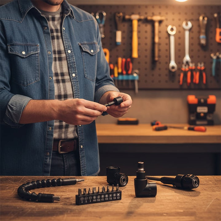 Drill machine angle attachment with accessory set | Bowlift