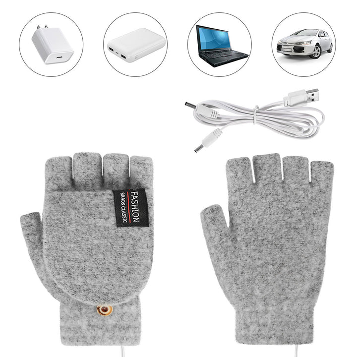 Winter half finger gloves monochrome flip winter wool warm half gray open finger gloves for men and women USB heating