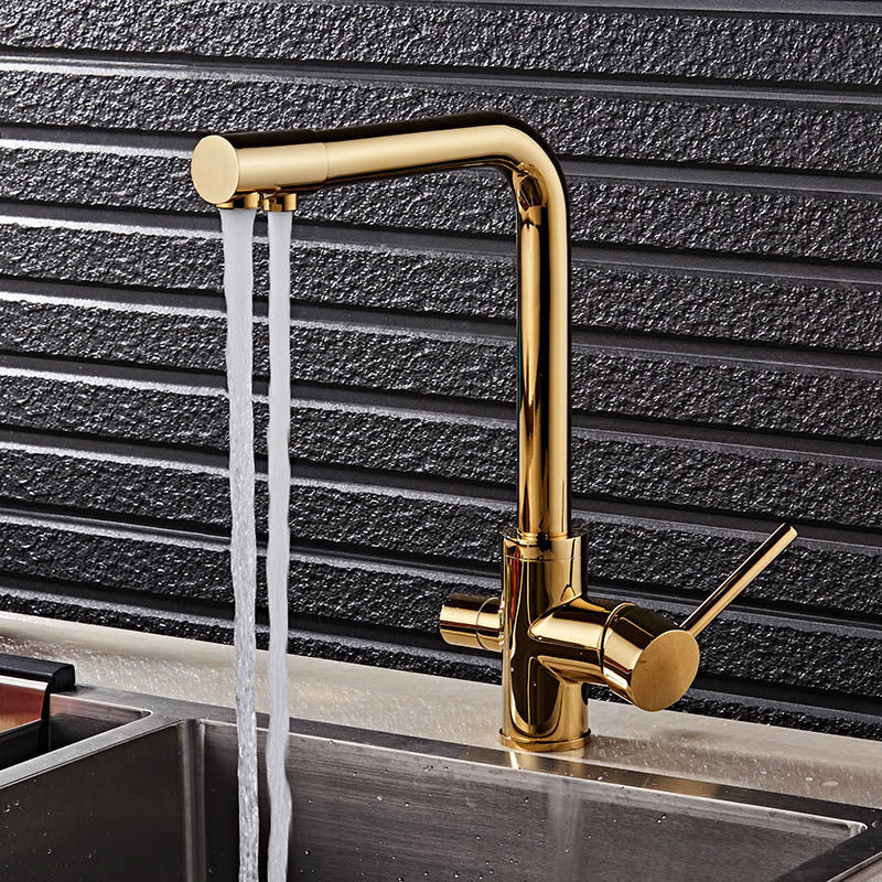 All-copper three-use faucet three-in-one kitchen dish basin hot and cold sink rotating clean water direct drink European gold