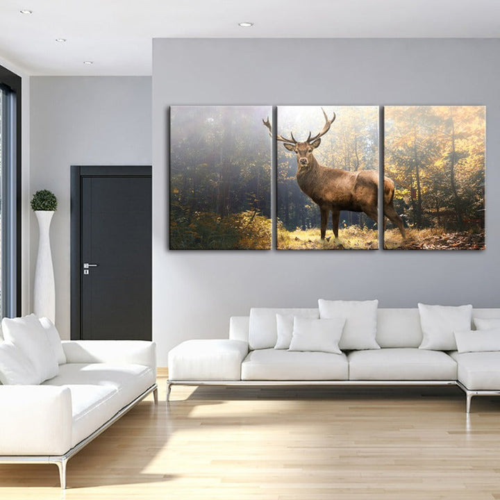 Majestic Deer in the Woods-Canvas Wall Art Painting 3 Pieces | Bowlift