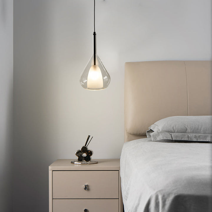 Industrial pendant light with double glass and raindrop design - Small hanging lamp for dining room and kitchen, modern minimalist design | Bowlift