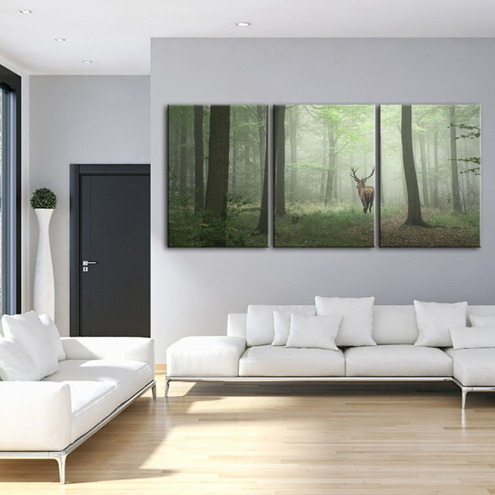 Misty Mystical Deer In The Woods-Canvas Wall Art Painting 3 Pieces | Bowlift