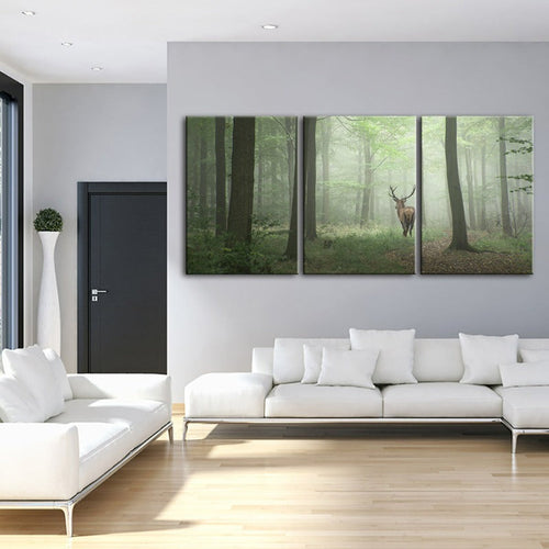 Misty Mystical Deer In The Woods-Canvas Wall Art Painting 3 Pieces | Bowlift