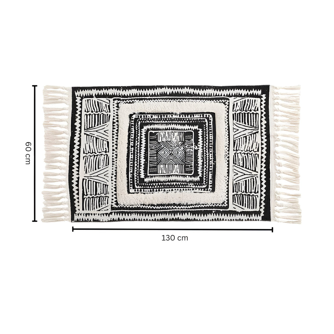BowLift | Black and White Geometric Tassel Floor Mat