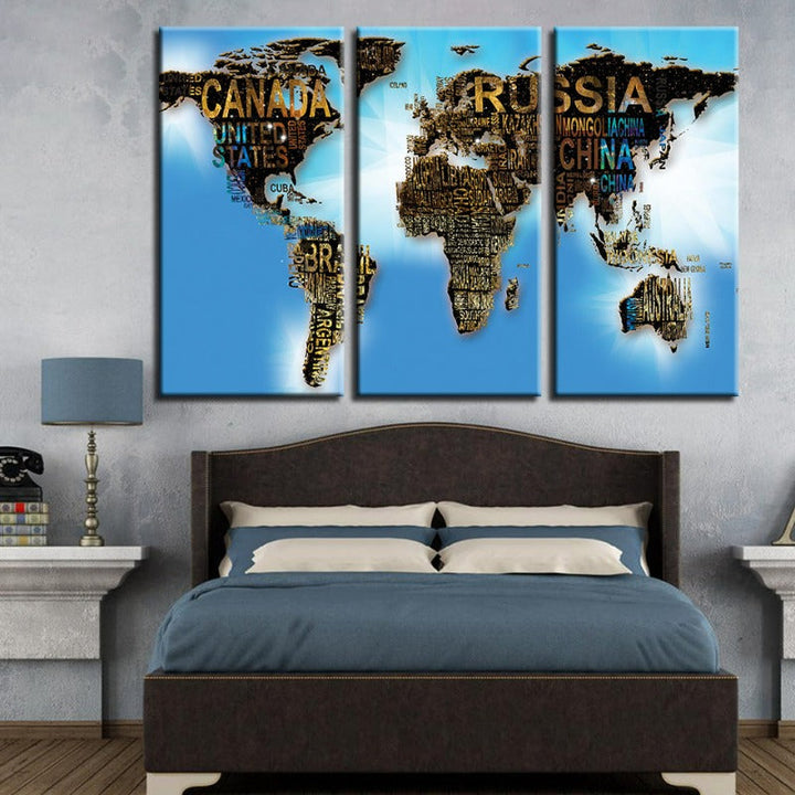 Country Name & Blue Sea World Map-Canvas Wall Art Painting 3 Pieces | Bowlift