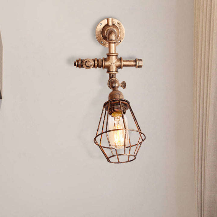 BowLift | Diamond Cage Iron Wall Mount Light with Pipe Design Industrial Style 1 Bulb Bedroom Wall Lighting in Antique Brass/Silver