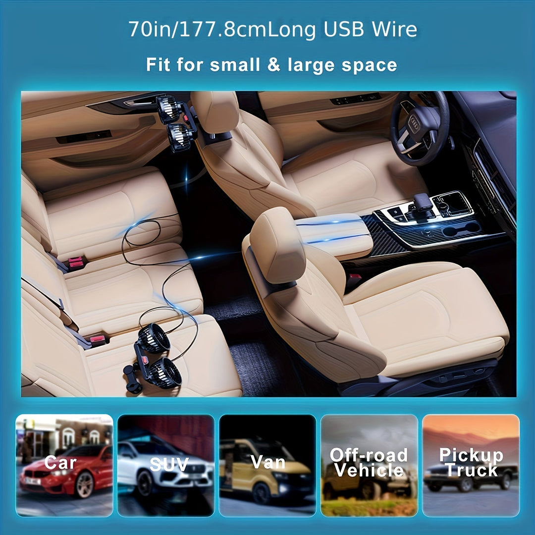 BowLift | Double Fan AirTrek Duo | 360° rotatable | Ultra-quiet & Compact | USB Car Fan with 5 Blades