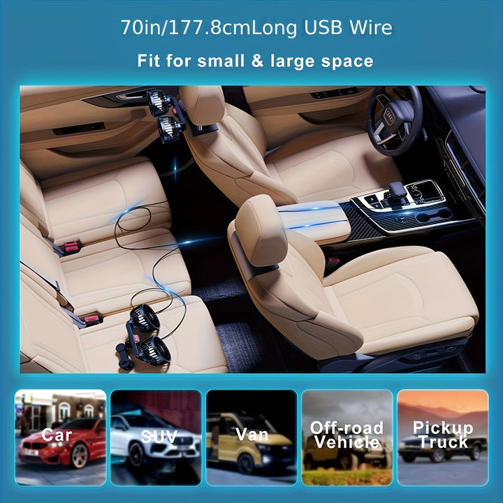 BowLift | Double Fan AirTrek Duo | 360° rotatable | Ultra-quiet & Compact | USB Car Fan with 5 Blades