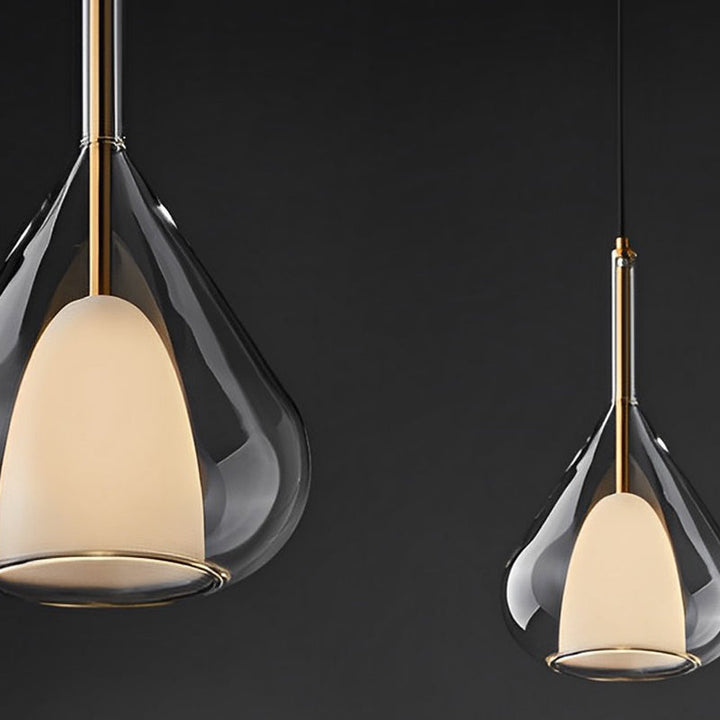 Industrial pendant light with double glass and raindrop design - Small hanging lamp for dining room and kitchen, modern minimalist design | Bowlift