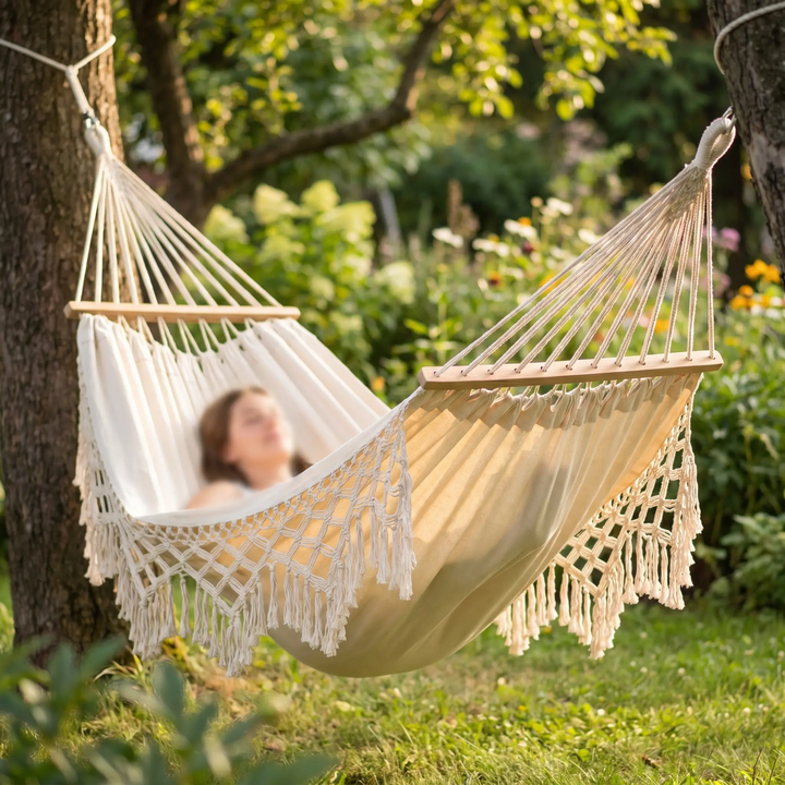 BowLift | 200x150cm Double Outdoor Camping Fringe Canvas Hammock with Pole (White)