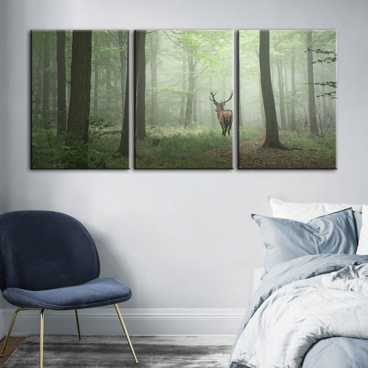 Misty Mystical Deer In The Woods-Canvas Wall Art Painting 3 Pieces | Bowlift