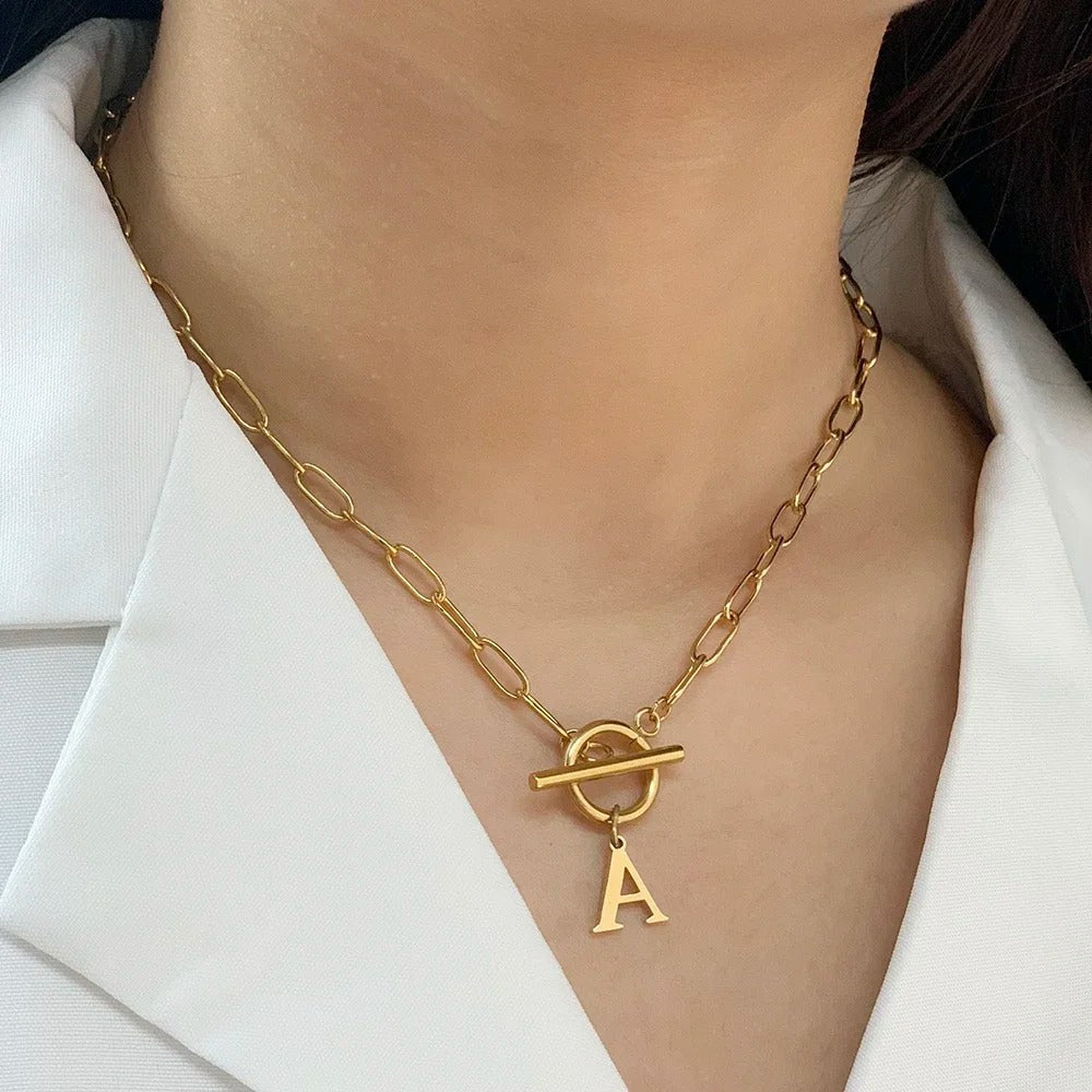 BowLift | Paperclip Letter Initial Circle Lock Clasp Necklace