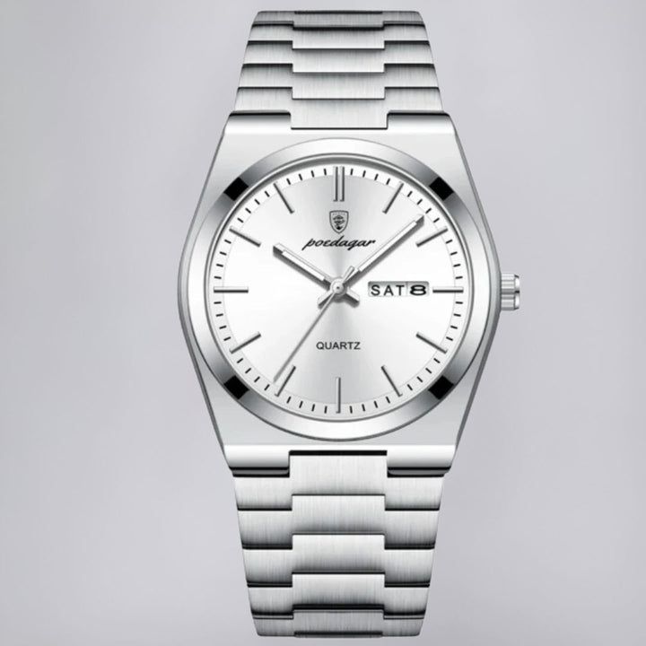 Stainless Steel Watch with Emerald Green Dial and Day-Date Display