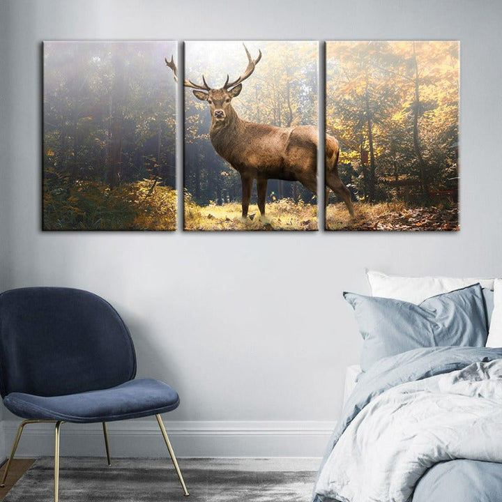Majestic Deer in the Woods-Canvas Wall Art Painting 3 Pieces | Bowlift