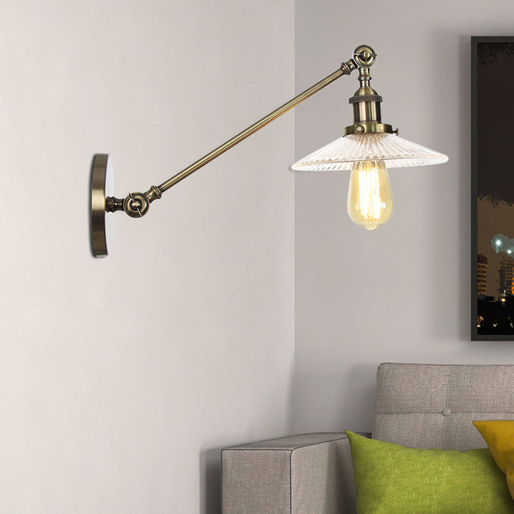 BowLift | Clear Ribbed Glass Bronze/Brass/Copper Wall Mounted Lamp Shade 1 Light Vintage Lighting Fixture, 8"/12" L Arm