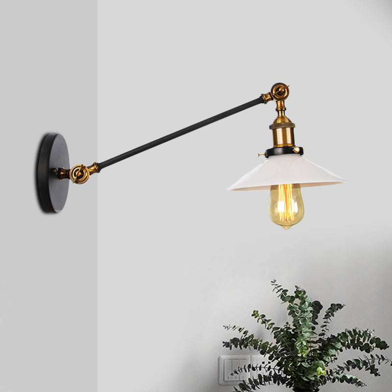 BowLift | Industrial Conical Wall Lamp 1 Light Opal Glass Wall Lamp in Black/Copper/Brass with Arm, 8"/12" L