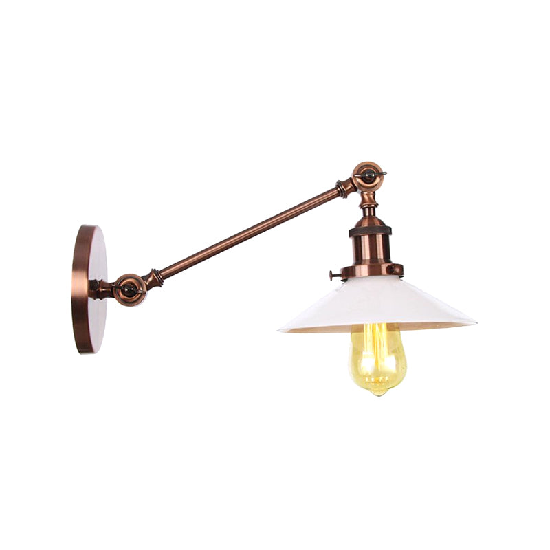 BowLift | Industrial Conical Wall Lamp 1 Light Opal Glass Wall Lamp in Black/Copper/Brass with Arm, 8"/12" L