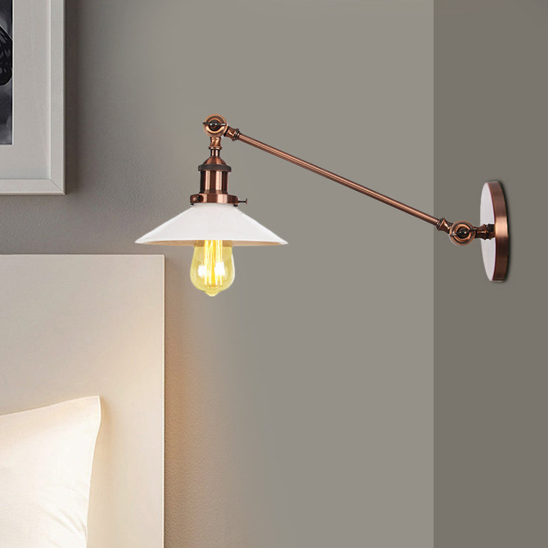 BowLift | Industrial Conical Wall Lamp 1 Light Opal Glass Wall Lamp in Black/Copper/Brass with Arm, 8"/12" L