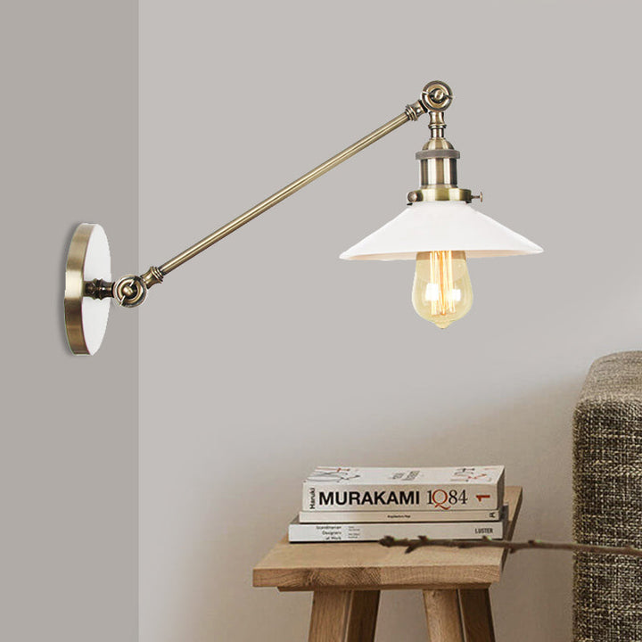 BowLift | Industrial Conical Wall Lamp 1 Light Opal Glass Wall Lamp in Black/Copper/Brass with Arm, 8"/12" L