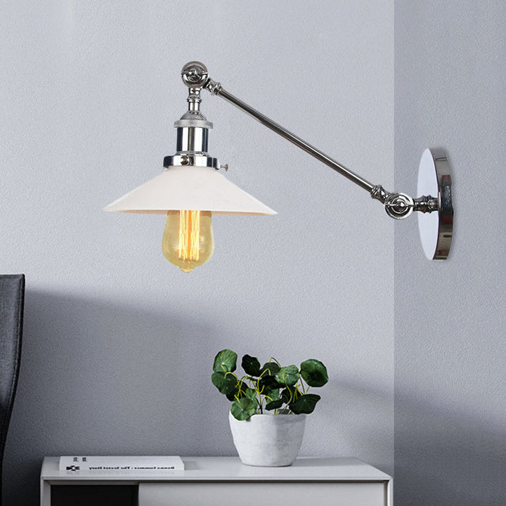 BowLift | Industrial Conical Wall Lamp 1 Light Opal Glass Wall Lamp in Black/Copper/Brass with Arm, 8"/12" L