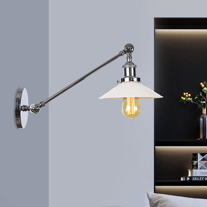 BowLift | Industrial Conical Wall Lamp 1 Light Opal Glass Wall Lamp in Black/Copper/Brass with Arm, 8"/12" L
