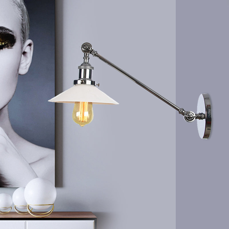 BowLift | Industrial Conical Wall Lamp 1 Light Opal Glass Wall Lamp in Black/Copper/Brass with Arm, 8"/12" L