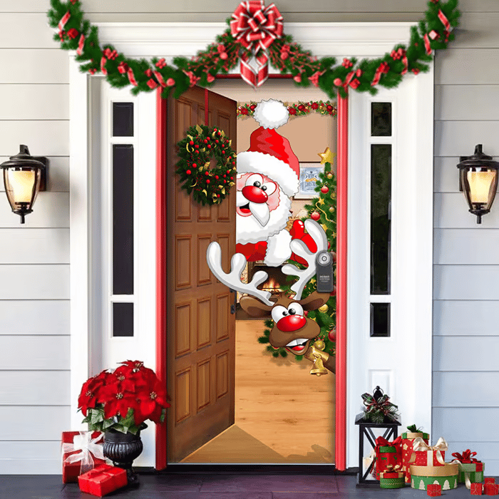 BowLift | Christmas Door Decoration with Santa Claus | Fabric Door Cover | Quick Assembly & Reusable