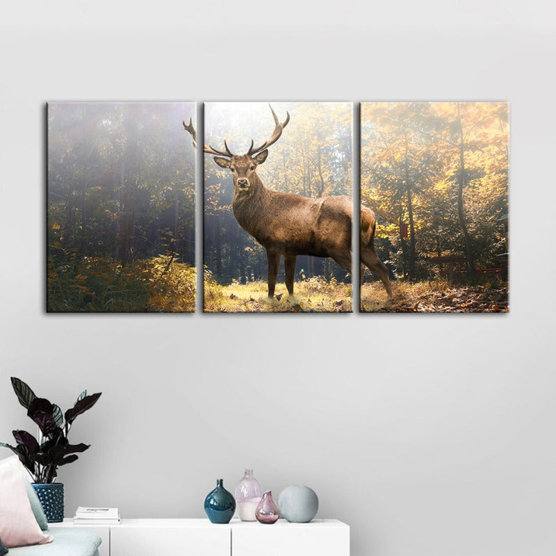 Majestic Deer in the Woods-Canvas Wall Art Painting 3 Pieces | Bowlift