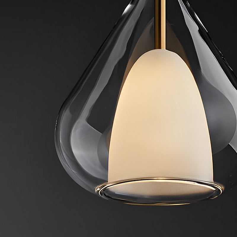 Industrial pendant light with double glass and raindrop design - Small hanging lamp for dining room and kitchen, modern minimalist design | Bowlift