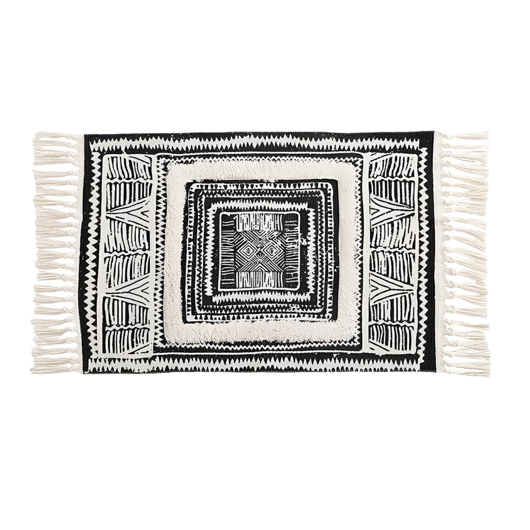 BowLift | Black and White Geometric Tassel Floor Mat