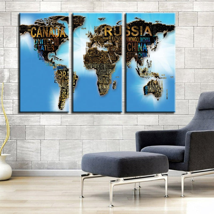 Country Name & Blue Sea World Map-Canvas Wall Art Painting 3 Pieces | Bowlift