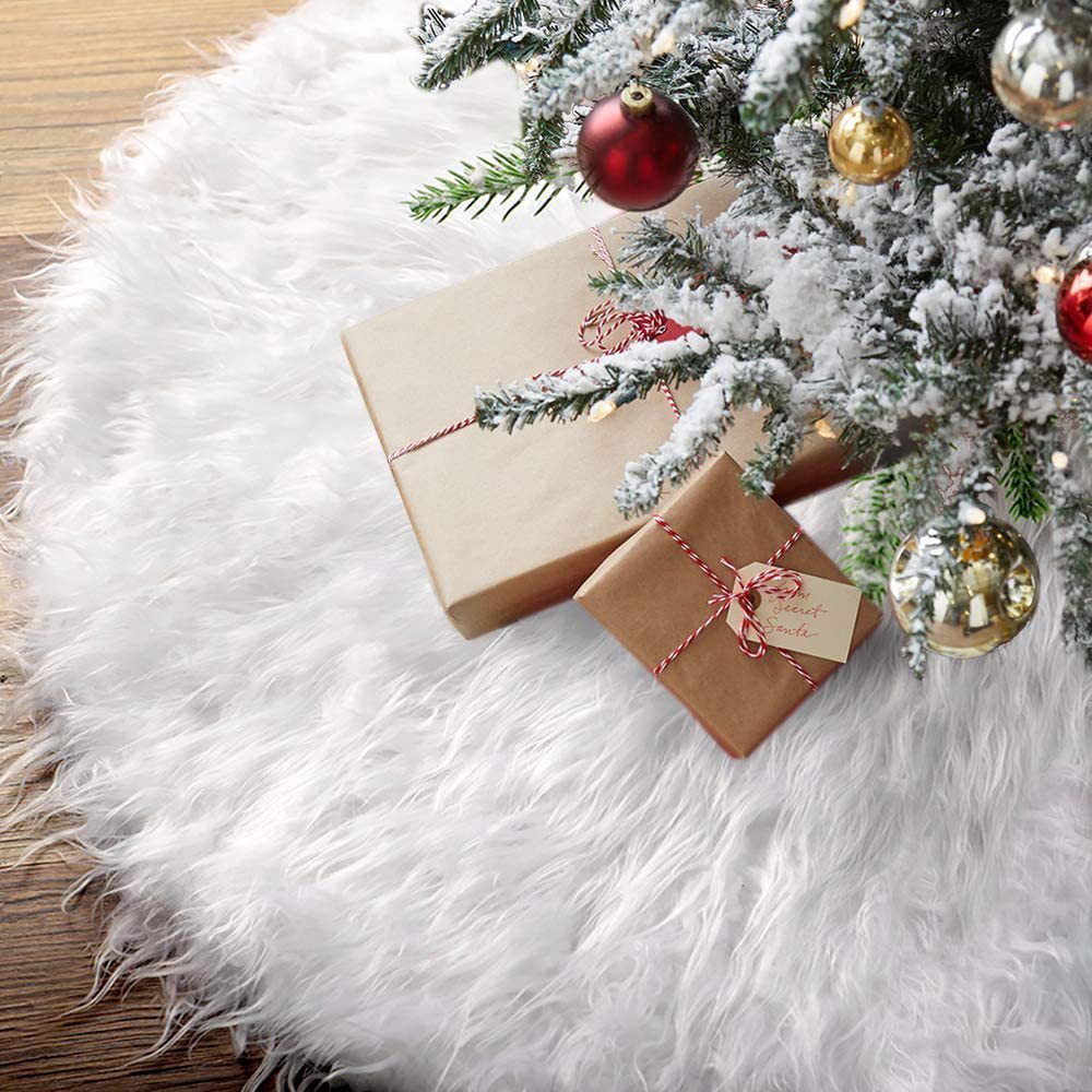 BowLift | White Christmas Tree Skirt Plush Faux Fur Xmas Tree Carpet Merry Christmas Tree Decorations Ornament New Year Navidad Home Decor