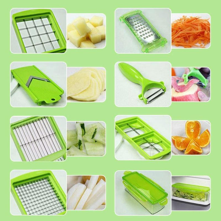 BowLift | CutMate Multifunctional Vegetable Cutter 12-in-1 | With Collection Container & Finger Guard | Stainless Steel Blades | Compact & Safe