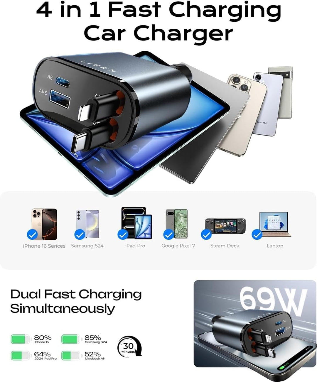 BowLift | Retractable Car Charger 69W USB C