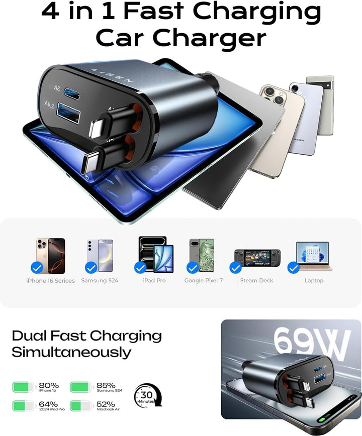 BowLift | Retractable Car Charger 69W USB C