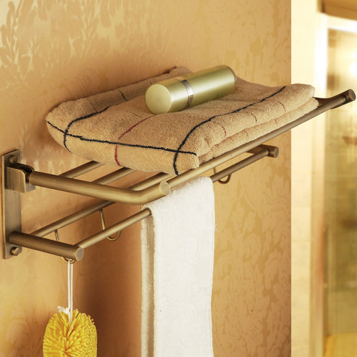 BowLift | Worn Brass Traditional Bathroom Set with Bath Shelf/Paper Holder & Towel Bar