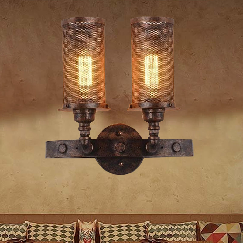 BowLift | Antique style double cylinder wall lamp with mesh shade 2 lights wrought iron wall mount lamp in aged copper