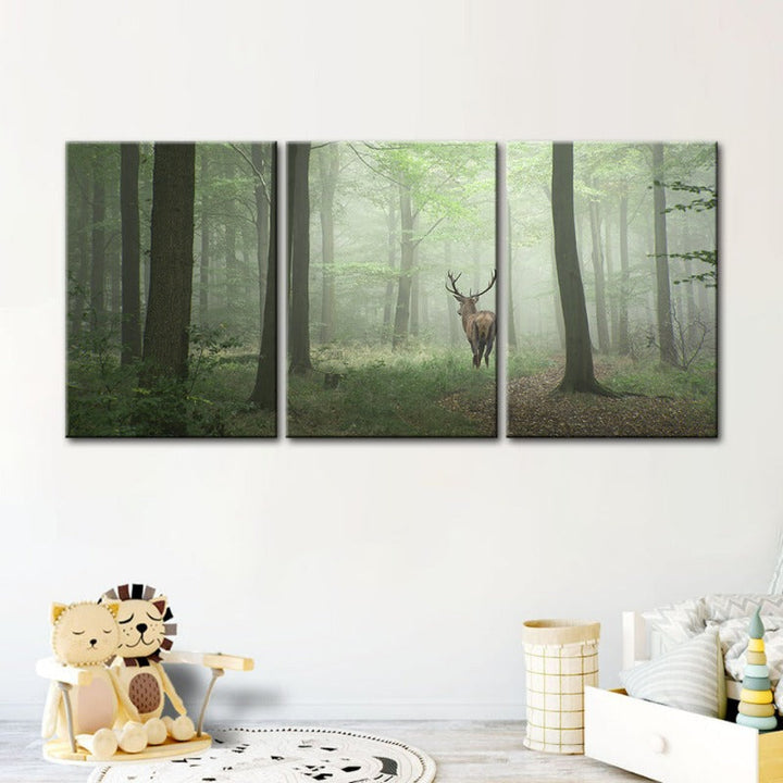 Misty Mystical Deer In The Woods-Canvas Wall Art Painting 3 Pieces | Bowlift