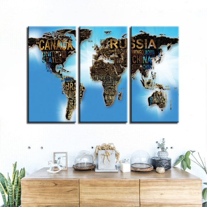 Country Name & Blue Sea World Map-Canvas Wall Art Painting 3 Pieces | Bowlift